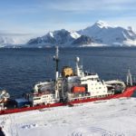 The RRS James Clark Ross moored at the new wharf at Rothera Research Station