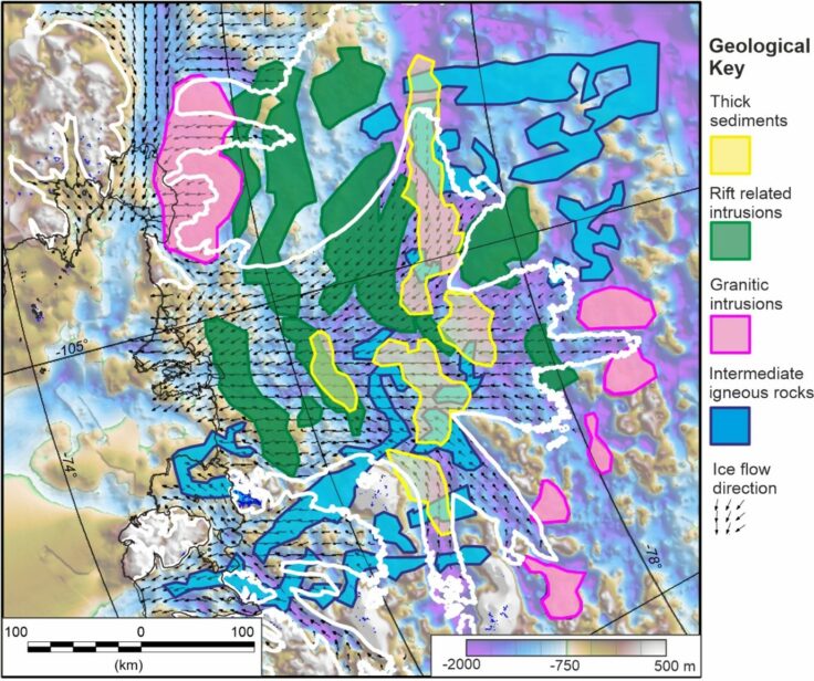 The map shows rift related intrusions running in strips perpendicular to the front of the glacier. There are some thick sediment areas, but these are much further inland.